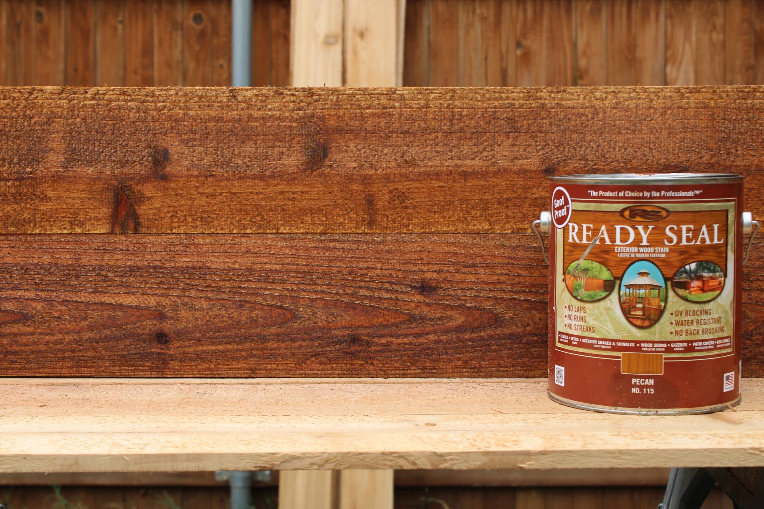 Freshly stained backyard deck with Ready Seal wood stain and sealer